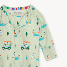 Load image into Gallery viewer, Get ready for a fun and easy bedtime with our Fairway Fetch Pajama Footie! Featuring playful dogs playing golf and driving golf carts, this footie is perfect for little ones who love to play. With an easy on and off design, bedtime will be a breeze. Order now and make bedtime a hole-in-one!
