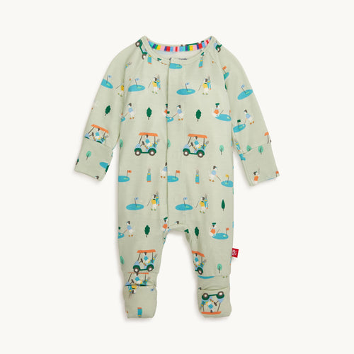 Get ready for a fun and easy bedtime with our Fairway Fetch Pajama Footie! Featuring playful dogs playing golf and driving golf carts, this footie is perfect for little ones who love to play. With an easy on and off design, bedtime will be a breeze. Order now and make bedtime a hole-in-one!