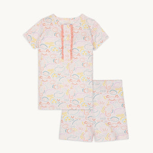Experience the magic of the sea with our So Fish-Ticated Short Sleeve Ruffle Pajama Set from Magnetic Me! Featuring a charming under the sea design in soft, pastel colors, this set is perfect for toddler girls. The top includes magnetic closures and delicate ruffle details for added convenience and cuteness!