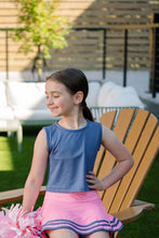 Load image into Gallery viewer, Maggie Mid Rise Top in Baton Rouge Blue from Set Athletics is a mid rise top that hits right at her waist. This athletic top pairs perfectly with coordinating leggings and the Zoe Skort! Perfect look for any activity she sets her mind on this fall.

