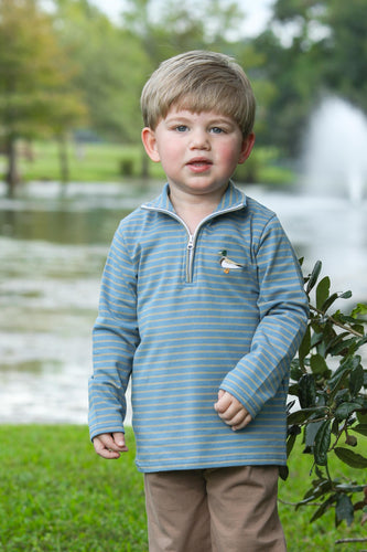 Stay cozy and stylish with the Boys Mallard Stripe Quarter Zip Pullover from Trotter Street Kids. This comfortable pullover features classic stripes and an embroidered mallard duck logo, adding a touch of charm and personality. Perfect for layering on cooler days, it combines warmth and easy wearability to keep boys looking sharp and feeling comfortable all day long.