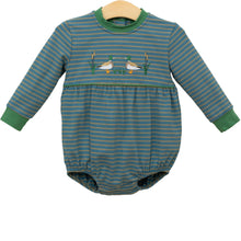 Load image into Gallery viewer, Dress your little one in charming comfort with the Infant Boys Mallard Embroidered Bubble from Trotter Street Kids. This long-sleeve bubble romper features delicate embroidered mallard ducks and classic stripes, combining playful style with cozy coverage.
