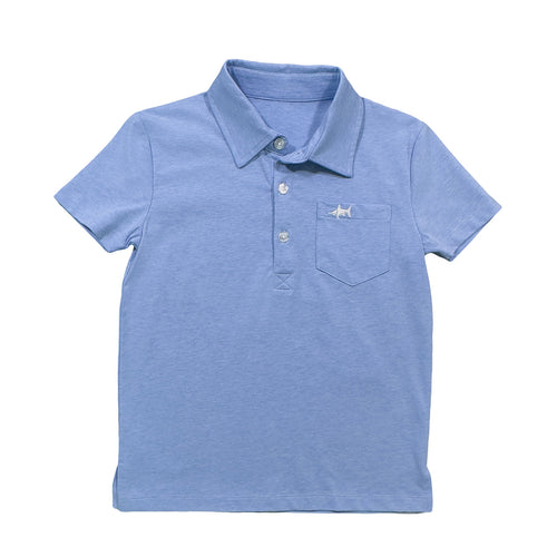 The SWB Marco Short Sleeve Polo is the perfect addition to your boy's warm weather wardrobe. In a trendy heathered blue, this polo features a classic front pocket and the signature SWB fish logo. Made for toddlers to tween boys, it's both stylish and comfortable.