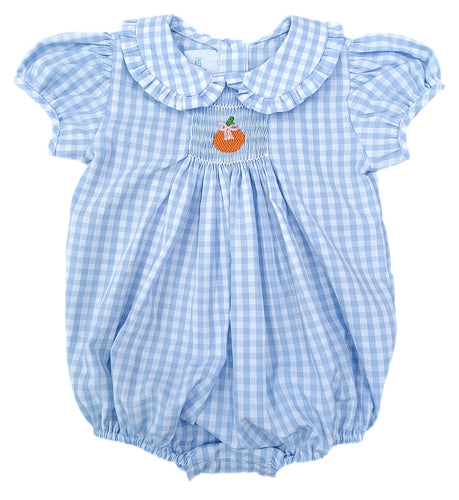 Dress your little one in timeless charm with the Margaret Blue Gingham Smocked Pumpkins Bubble. This adorable blue and white gingham bubble features delicate smocking and an embroidered pumpkin detail, perfect for celebrating fall in style. Crafted for comfort and cuteness, it’s an ideal choice for autumn gatherings and memorable photos.