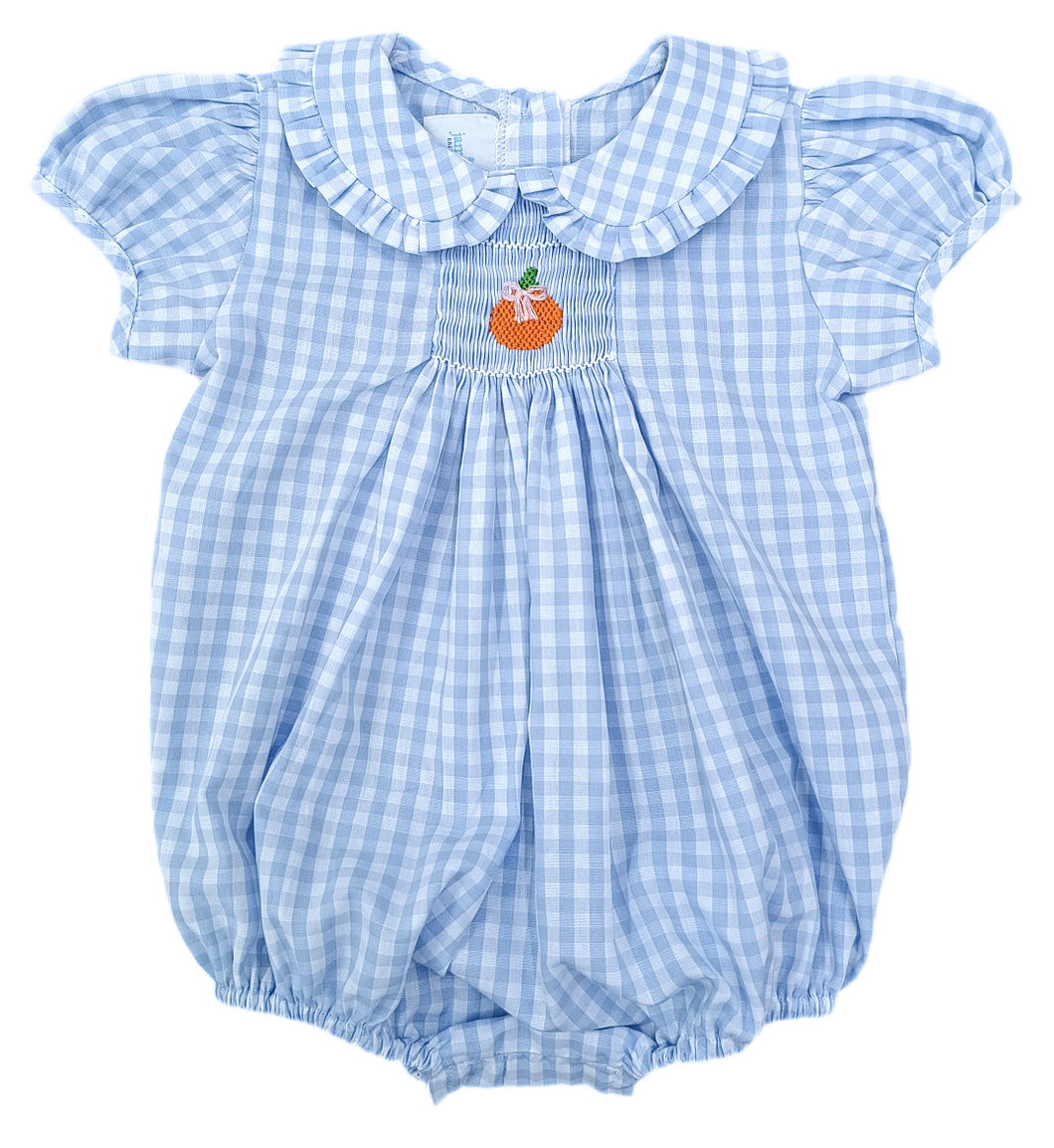 Dress your little one in timeless charm with the Margaret Blue Gingham Smocked Pumpkins Bubble. This adorable blue and white gingham bubble features delicate smocking and an embroidered pumpkin detail, perfect for celebrating fall in style. Crafted for comfort and cuteness, it’s an ideal choice for autumn gatherings and memorable photos.