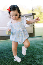 Load image into Gallery viewer, Introducing the Infant Girls Mariner Bubble from The Proper Peony! Made with 100% Pima cotton, this adorable bubble features a charming mariner motif in light blues and sailboat design. The ruffle shoulders and criss cross back add a touch of classic style. Perfect for your little one&#39;s coastal adventures. Order now and make a stylish statement!
