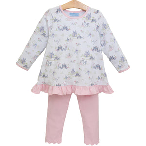 Dress your little one in the enchanting Once Upon a Time Pants Set from Trotter Street Kids. This charming outfit features a fairy tale print tunic with a delicate ruffle hem, paired perfectly with soft pink leggings for all-day comfort. Ideal for playdates or special occasions, this set combines whimsical style with cozy wearability, making it a must-have addition to your child’s wardrobe.