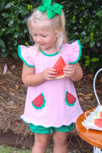 Load image into Gallery viewer, Celebrate summer style with this adorable One in a Melon Bloomer Set from Trotter Street Kids. The charming pink striped tunic features playful flutter sleeves and whimsical watermelon appliques that bring joy to any outfit. Paired with coordinating green bloomers, this two-piece set offers both comfort and personality for active little ones.&nbsp;
