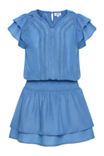 Load image into Gallery viewer, Girls Lola Dress in Blue Introducing our fresh Spring 2026 silhouette—the Lola Dress in Blue. This lightweight charmer features a flattering cinched waist paired with delicate tiered ruffle cap sleeves and a graceful knee-length skirt that moves with ease. Perfect for garden parties, family gatherings, or everyday outings, the Lola delivers effortless polish and timeless appeal. A versatile wardrobe essential that keeps her looking polished without the fuss.
