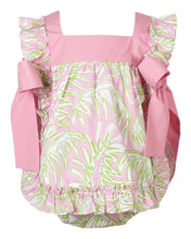 Load image into Gallery viewer, The Etta Sunsuit from The Yellow Lamb is the perfect choice for spring! Featuring a beautiful floral palm print, this outfit will keep your little girl stylish and comfortable. The elegant ties on each side add a special touch, and the included matching diaper cover makes dressing easy.
