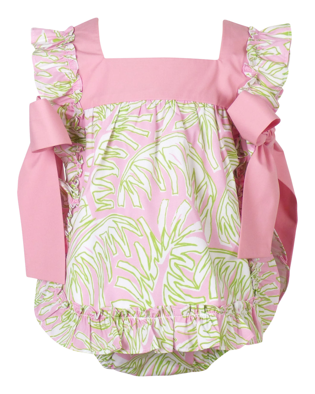 The Etta Sunsuit from The Yellow Lamb is the perfect choice for spring! Featuring a beautiful floral palm print, this outfit will keep your little girl stylish and comfortable. The elegant ties on each side add a special touch, and the included matching diaper cover makes dressing easy.