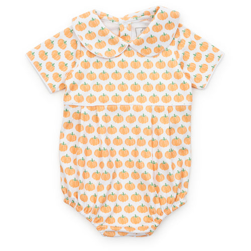 Dress your little one in the charming Harvest Pumpkin Bubble from Lila & Hayes. Featuring a delightful pumpkin print, a classic Peter Pan collar, and delicate piping detail, this bubble romper combines timeless style with cozy comfort. Perfect for festive occasions or everyday wear, it adds a touch of autumnal sweetness to your child's wardrobe.