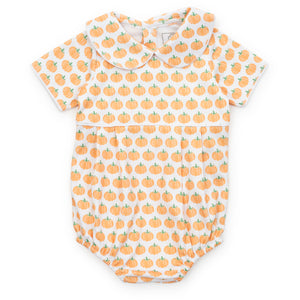 Dress your little one in the charming Harvest Pumpkin Bubble from Lila &amp; Hayes. Featuring a delightful pumpkin print, a classic Peter Pan collar, and delicate piping detail, this bubble romper combines timeless style with cozy comfort. Perfect for festive occasions or everyday wear, it adds a touch of autumnal sweetness to your child's wardrobe.