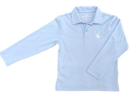 The Boys Basics Patton Long Sleeve Polo in Light Blue by James & Lottie offers timeless style with soft cotton comfort. Featuring a charming puppy logo, this classic polo is perfect for fall and winter events where he needs to look sharp and feel cozy. Durable and easy to wear, it’s an ideal wardrobe staple that combines sophistication with everyday practicality.