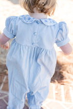 Load image into Gallery viewer, The Ava Blue Floral Payton Long Bubble from James &amp; Lottie features a charming floral print collar that adds a touch of sweetness to her wardrobe. Designed with short sleeves and delicate details, this long bubble offers both comfort and style, making it perfect for any occasion this season. Dress her in this delightful piece to keep her looking effortlessly fashionable and comfortable all day long.
