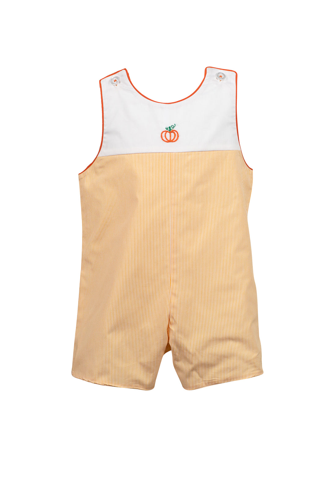 Dress your little one in festive charm with the Boys Pembroke Pumpkin Jon Jon from The Proper Peony. Featuring vibrant orange and white stripes, a crisp white bib, and a delicate embroidered pumpkin detail, this outfit combines playful style with seasonal spirit. Perfect for autumn celebrations, it offers both comfort and adorable appeal that will make your child stand out.