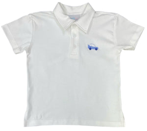 Elevate your little one's style with our White Polo with Car Embroidery from James &amp; Lottie! Featuring a classic polo design and a vibrant blue car emblem, this top will have your child looking sharp and feeling confident. Complete the look with our Conrad Cars Collection Shorts for a perfectly put together outfit.