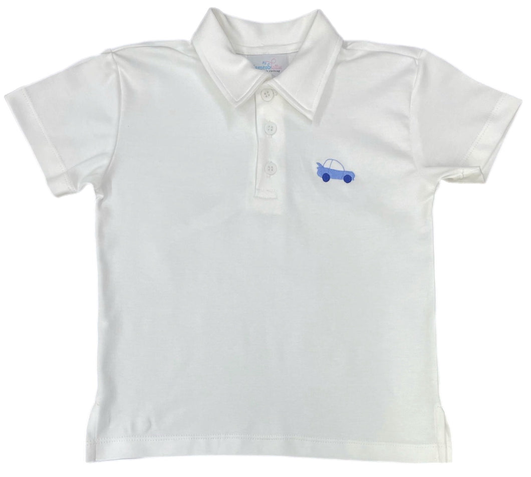 Elevate your little one's style with our White Polo with Car Embroidery from James & Lottie! Featuring a classic polo design and a vibrant blue car emblem, this top will have your child looking sharp and feeling confident. Complete the look with our Conrad Cars Collection Shorts for a perfectly put together outfit.