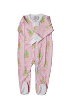 Load image into Gallery viewer, Celebrate the holidays in cozy style with this Infant Girls Pink Tinsel Zipper Footie from The Proper Peony. Crafted from 100% pima cotton, its soft pink fabric offers gentle comfort on delicate skin. Adorned with charming Christmas trees decorated in dark pink ornaments, this playful footie adds festive cheer with every wear.&nbsp;
