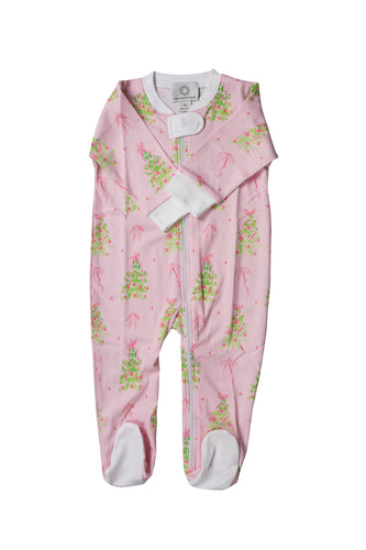 Celebrate the holidays in cozy style with this Infant Girls Pink Tinsel Zipper Footie from The Proper Peony. Crafted from 100% pima cotton, its soft pink fabric offers gentle comfort on delicate skin. Adorned with charming Christmas trees decorated in dark pink ornaments, this playful footie adds festive cheer with every wear. 