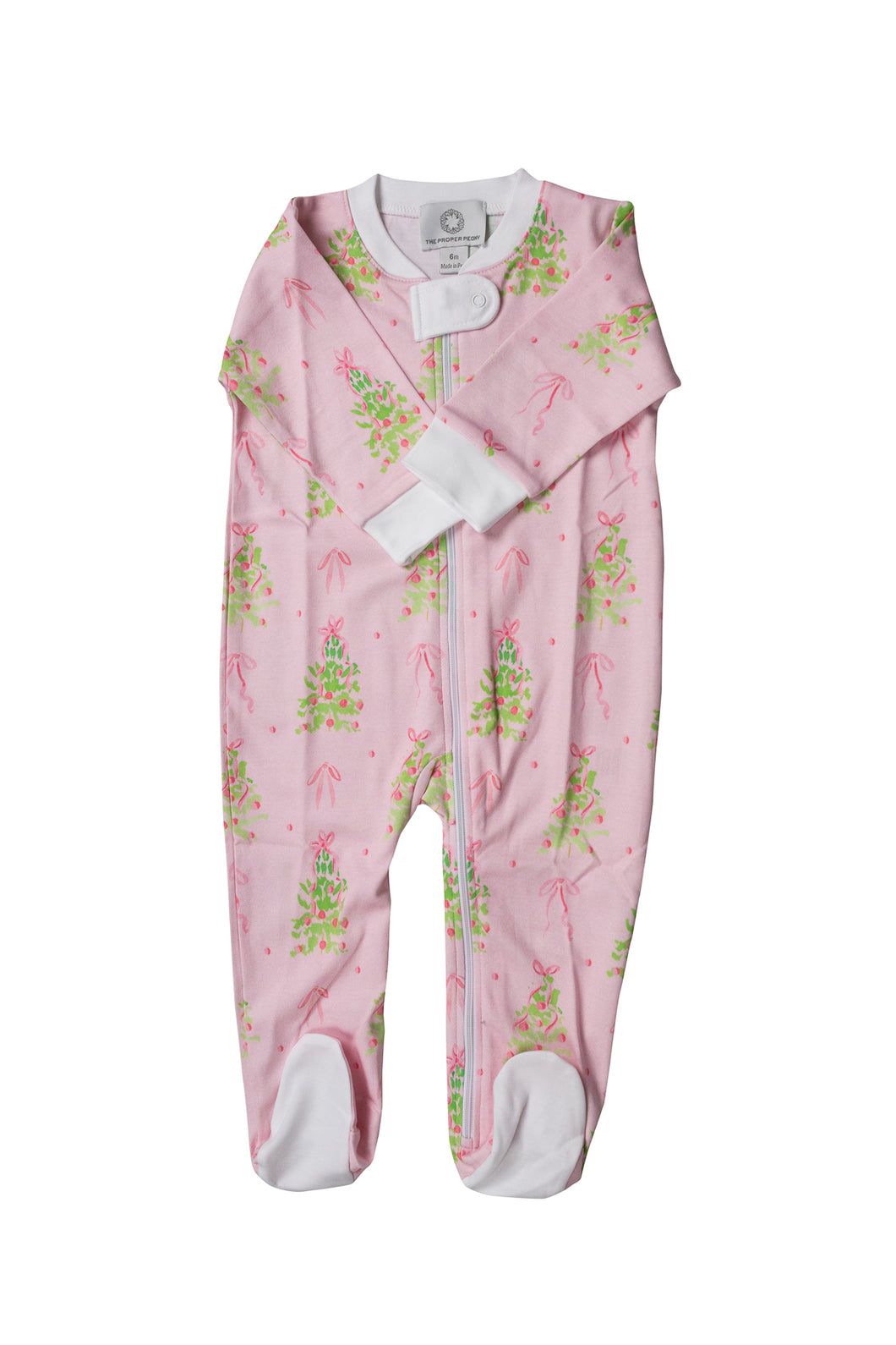Celebrate the holidays in cozy style with this Infant Girls Pink Tinsel Zipper Footie from The Proper Peony. Crafted from 100% pima cotton, its soft pink fabric offers gentle comfort on delicate skin. Adorned with charming Christmas trees decorated in dark pink ornaments, this playful footie adds festive cheer with every wear. 