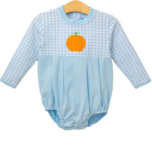 Load image into Gallery viewer, Dress your little one in charming style with the Infant Boys Long Sleeve Pumpkin Bubble from Trotter Street Kids. This adorable bubble features a blue and white gingham body adorned with playful appliqué pumpkin and classic style for fall.
