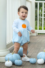 Load image into Gallery viewer, Dress your little one in charming style with the Infant Boys Long Sleeve Pumpkin Bubble from Trotter Street Kids. This adorable bubble features a blue and white gingham body adorned with playful appliqué pumpkin and classic style for fall.
