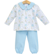 Load image into Gallery viewer, Dress your little one in the charming Puppy Pals Bloomer Pants Set from Trotter Street Kids. This delightful outfit pairs a soft knit shirt with a classic Peter Pan collar, featuring an adorable puppy and dog house design that sparks joy and imagination. The coordinating bloomer-style pants offer comfort and ease of movement, perfect for playtime or special occasions. Combining style and practicality, this set is an irresistible choice for your child’s wardrobe.
