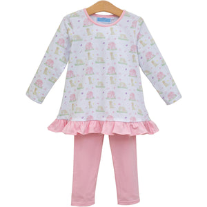 Dress your little one in the adorable Puppy Pals Ruffle Pants Set from Trotter Street Kids. Featuring charming puppy and dog house prints paired with soft pink leggings, this set combines playful style with comfortable wear. Perfect for everyday adventures, it keeps your child cozy while adding a touch of fun to their wardrobe.