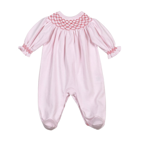 Dress your little one in timeless charm with the Infant Rosy Holiday Bishop Footie from Baby Loren. This delicate pink footie features hand-smocked detailing and elegant red embroidery, creating a subtle yet classic holiday look. Designed for comfort and style, it’s perfect for festive occasions or everyday wear, ensuring your baby stays cozy and adorable all season long.