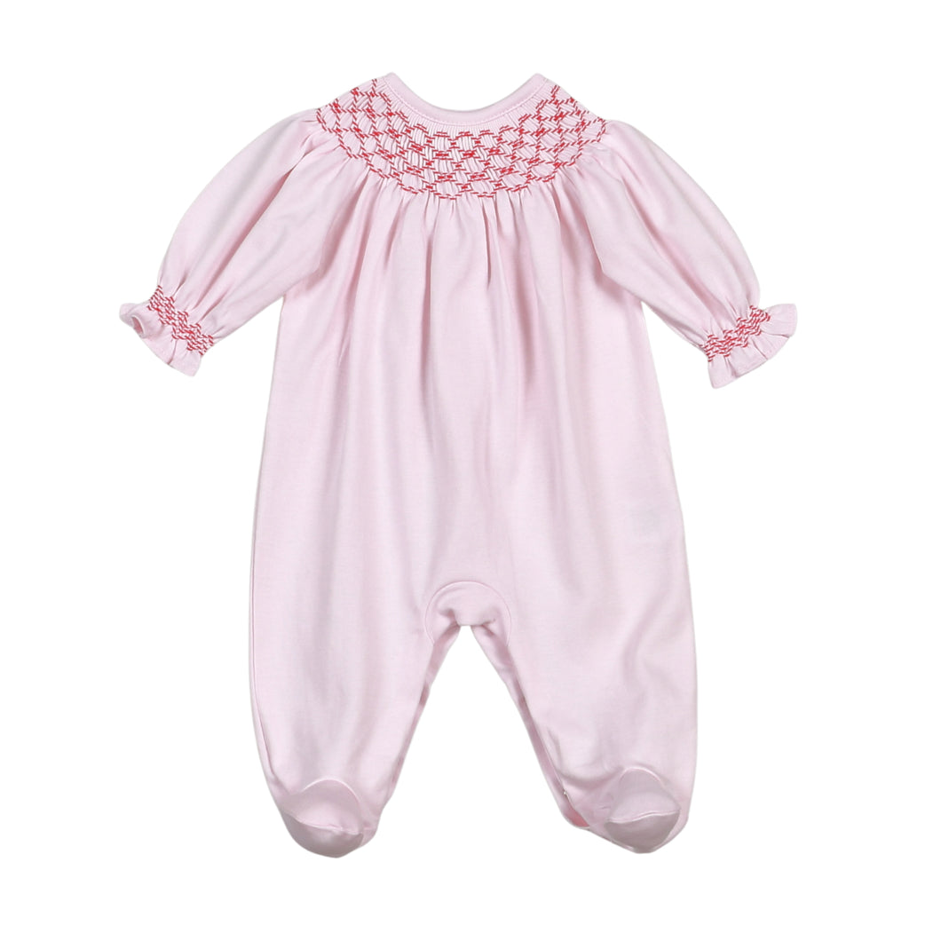 Dress your little one in timeless charm with the Infant Rosy Holiday Bishop Footie from Baby Loren. This delicate pink footie features hand-smocked detailing and elegant red embroidery, creating a subtle yet classic holiday look. Designed for comfort and style, it’s perfect for festive occasions or everyday wear, ensuring your baby stays cozy and adorable all season long.