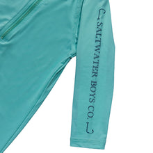 Load image into Gallery viewer, Introducing the Tybee Rashguard Romper, your perfect companion for a summer of fun in the sun! Designed with classic blue or white colors and featuring the Salt Water Boys fish logo, this romper will not only protect him from the sun, but also add a touch of style to his beach and pool days. Get ready to make a splash with the Tybee Rashguard!
