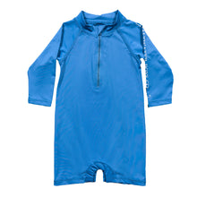 Load image into Gallery viewer, Introducing the Tybee Rashguard Romper, your perfect companion for a summer of fun in the sun! Designed with classic blue or white colors and featuring the Salt Water Boys fish logo, this romper will not only protect him from the sun, but also add a touch of style to his beach and pool days. Get ready to make a splash with the Tybee Rashguard!
