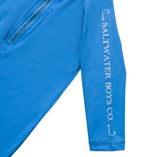Load image into Gallery viewer, Introducing the Tybee Rashguard Romper, your perfect companion for a summer of fun in the sun! Designed with classic blue or white colors and featuring the Salt Water Boys fish logo, this romper will not only protect him from the sun, but also add a touch of style to his beach and pool days. Get ready to make a splash with the Tybee Rashguard!
