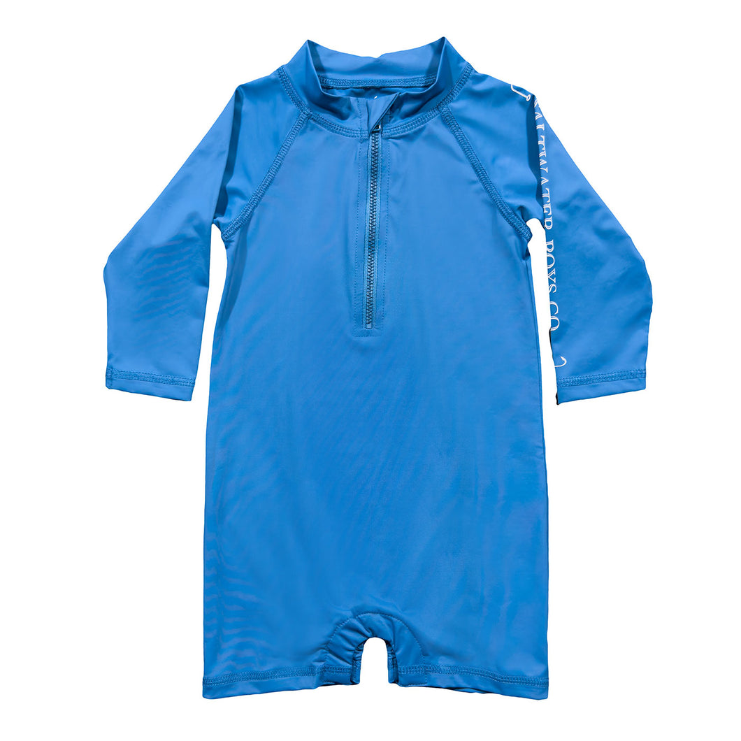 Introducing the Tybee Rashguard Romper, your perfect companion for a summer of fun in the sun! Designed with classic blue or white colors and featuring the Salt Water Boys fish logo, this romper will not only protect him from the sun, but also add a touch of style to his beach and pool days. Get ready to make a splash with the Tybee Rashguard!