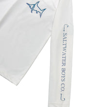 Load image into Gallery viewer, Introducing the Tybee Rashguard, your perfect companion for a summer of fun in the sun! Designed with classic blue or white colors and featuring the Salt Water Boys fish logo, this shirt will not only protect you from the sun but also add a touch of style to your beach and pool days. Get ready to make a splash and show off your bold fashion sense with the Tybee Rashguard!
