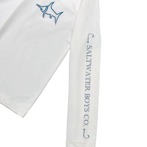Introducing the Tybee Rashguard, your perfect companion for a summer of fun in the sun! Designed with classic blue or white colors and featuring the Salt Water Boys fish logo, this shirt will not only protect you from the sun but also add a touch of style to your beach and pool days. Get ready to make a splash and show off your bold fashion sense with the Tybee Rashguard!