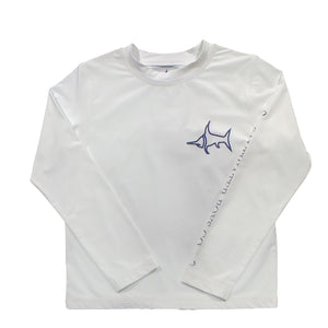 Introducing the Tybee Rashguard, your perfect companion for a summer of fun in the sun! Designed with classic blue or white colors and featuring the Salt Water Boys fish logo, this shirt will not only protect you from the sun but also add a touch of style to your beach and pool days. Get ready to make a splash and show off your bold fashion sense with the Tybee Rashguard!