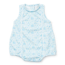 Load image into Gallery viewer, Bring your little one&#39;s beach style to life with the Sandcastles Blue Reid Bubble from Lila &amp; Hayes. In a stunning ocean blue hue and adorned with a bright sandcastle design, this adorable outfit is perfect for any seaside adventure. Make memories in style with this must-have for infants.
