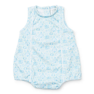 Bring your little one's beach style to life with the Sandcastles Blue Reid Bubble from Lila &amp; Hayes. In a stunning ocean blue hue and adorned with a bright sandcastle design, this adorable outfit is perfect for any seaside adventure. Make memories in style with this must-have for infants.