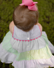 Load image into Gallery viewer, Get your little one ready for Spring with our adorable Remy Rainbow Dress and Diaper Cover Set! Made with a seersucker color block design and cute ric rac details, this set is perfect for infant girls. And with a matching dress available for big sisters, they can have a stylish sibling match!
