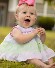 Load image into Gallery viewer, Get your little one ready for Spring with our adorable Remy Rainbow Dress and Diaper Cover Set! Made with a seersucker color block design and cute ric rac details, this set is perfect for infant girls. And with a matching dress available for big sisters, they can have a stylish sibling match!
