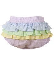 Load image into Gallery viewer, Get your little one ready for Spring with our adorable Remy Rainbow Dress and Diaper Cover Set! Made with a seersucker color block design and cute ric rac details, this set is perfect for infant girls. And with a matching dress available for big sisters, they can have a stylish sibling match!
