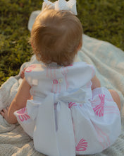 Load image into Gallery viewer, Dress your infant girl in the adorable Ada Ribbons &amp; Bows Bubble from The Yellow Lamb. This charming bubble style outfit features a pink bow and ribbon design and a back bow tie. Don&#39;t forget to grab the matching Ada Ribbons &amp; Bows Dress for a sibling set!
