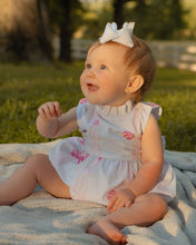 Load image into Gallery viewer, Dress your infant girl in the adorable Ada Ribbons &amp; Bows Bubble from The Yellow Lamb. This charming bubble style outfit features a pink bow and ribbon design and a back bow tie. Don&#39;t forget to grab the matching Ada Ribbons &amp; Bows Dress for a sibling set!
