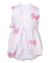 Load image into Gallery viewer, Dress your infant girl in the adorable Ada Ribbons &amp; Bows Bubble from The Yellow Lamb. This charming bubble style outfit features a pink bow and ribbon design and a back bow tie. Don&#39;t forget to grab the matching Ada Ribbons &amp; Bows Dress for a sibling set!
