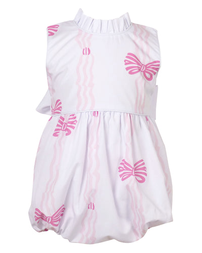 Dress your infant girl in the adorable Ada Ribbons & Bows Bubble from The Yellow Lamb. This charming bubble style outfit features a pink bow and ribbon design and a back bow tie. Don't forget to grab the matching Ada Ribbons & Bows Dress for a sibling set!
