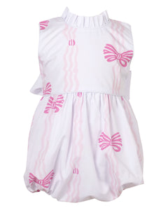 Dress your infant girl in the adorable Ada Ribbons &amp; Bows Bubble from The Yellow Lamb. This charming bubble style outfit features a pink bow and ribbon design and a back bow tie. Don't forget to grab the matching Ada Ribbons &amp; Bows Dress for a sibling set!