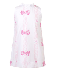 Dress your infant girl in the adorable Ada Ribbons &amp; Bows Dress from The Yellow Lamb. This charming dress features a pink bow and ribbon design and beautiful ruffle neckline detail. Don't forget to grab the matching Ada Ribbons &amp; Bows Bubble for a sibling set!