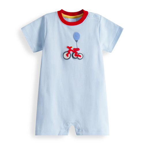 Celebrate your little one's big day with our Infant & Toddler Boy's Birthday Bike Applique Romper! Made with a soft blue background, this romper features an adorable tricycle and balloon applique. Perfect for parties or for any birthday boy, it's a must-have for your child's wardrobe.